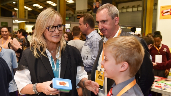 Dee Forbes and JEP co-founder Jerry Kennelly meet students at the JEP National Showcase Day