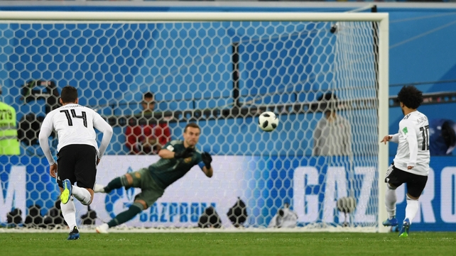 Egypt's forward Mohamed Salah scores what proves to be a consolation goal