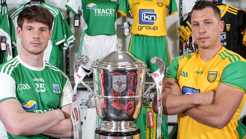 Fermanagh's Tomas Corrigan and Donegal's Paul Brennan