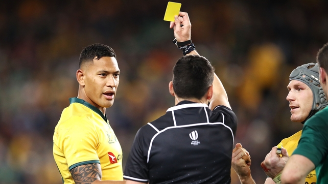 Israel Folau is shown a yellow card by referee Pascal Gauzere