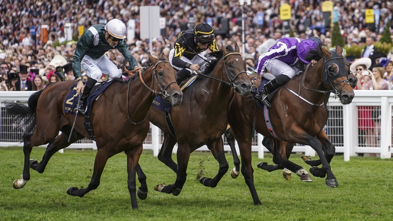 Ryan Moore riding Merchant Navy (far right, purple) wins The Diamond Jubilee Stakes