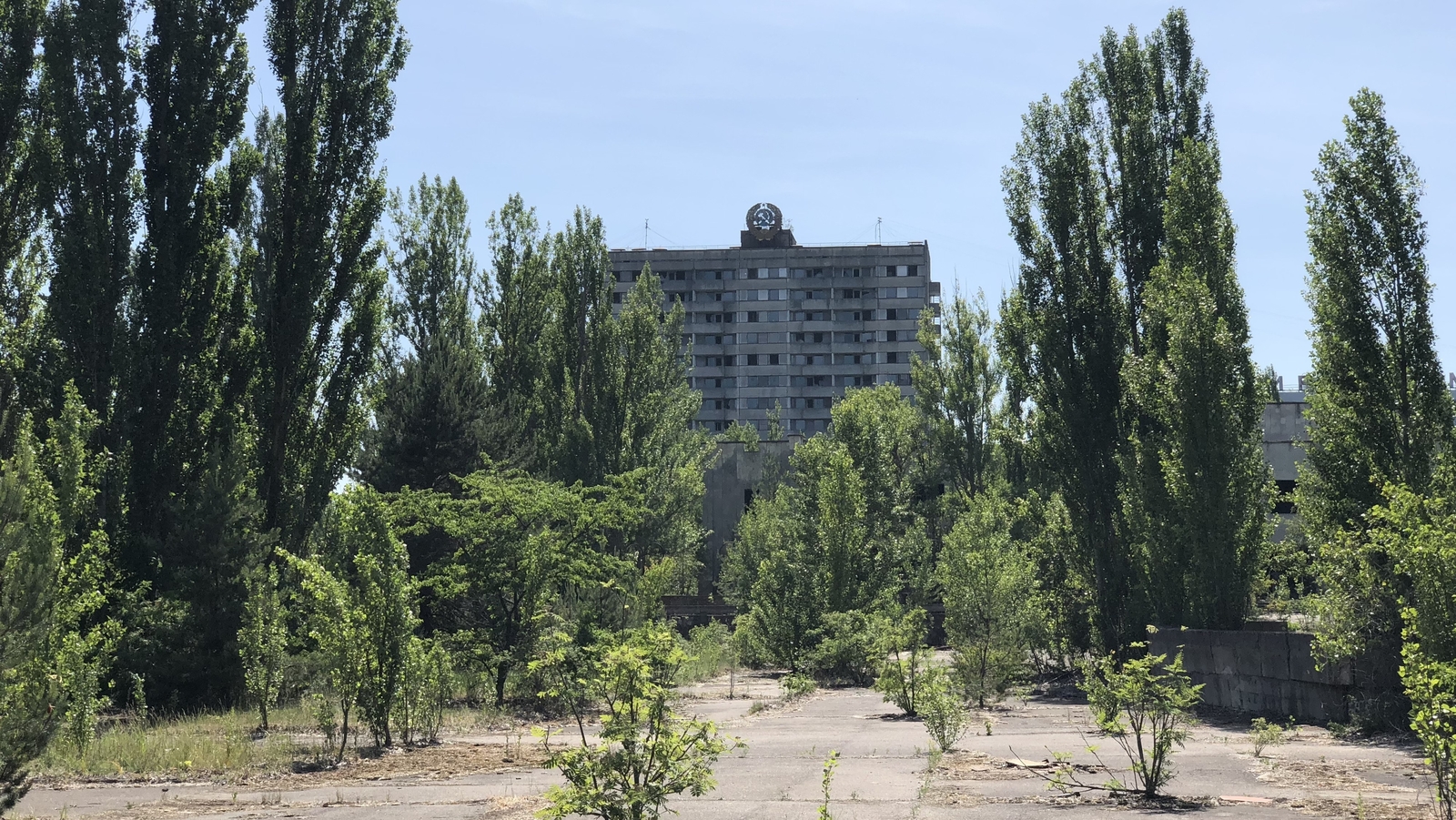 The now overgrown central square of the abandoned town of Pripyat