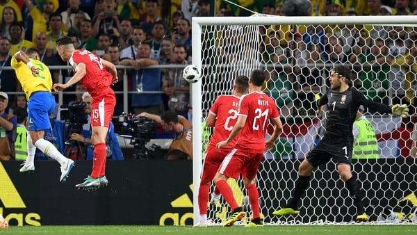 Thiago Silva heads the ball to score Brazil's second goal