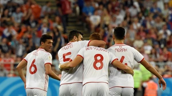 Tunisia's forward Fakhreddine Ben Youssef celebrates his goal