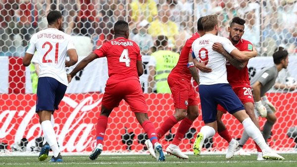 Harry Kane of England is bought down in the area by Anibal Godoy of Panama