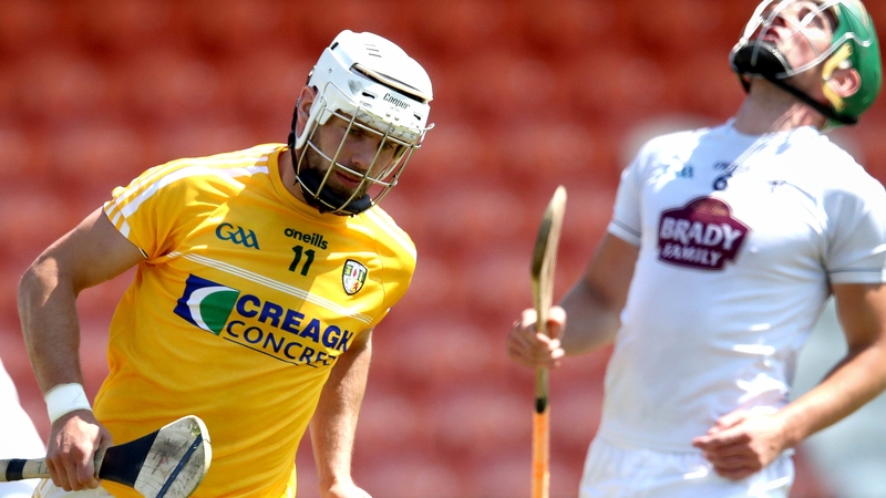 Antrim's Neil McManus celebrates scoring their first goal