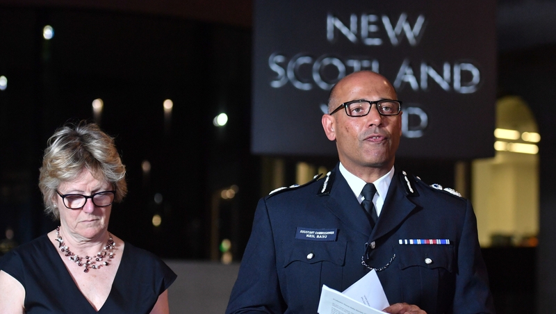The UK's head of counter-terrorism policing Neil Basu and chief medical officer for England Sally Davies speaking at a news conference in London