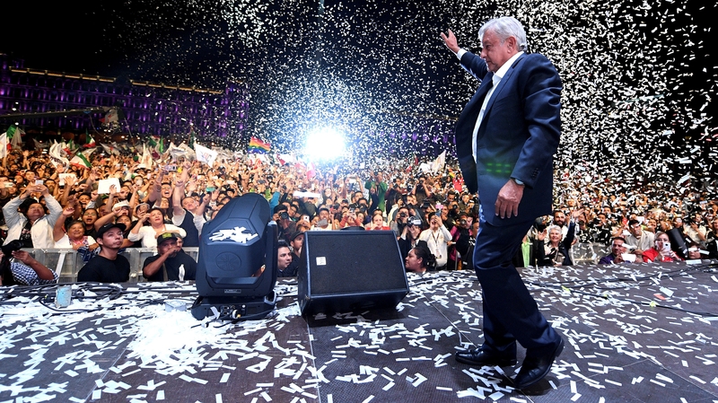 Mexico's newly elected president Amlo salutes his supporters at Zocalo Square in Mexico City. Photo: Ulises Ruiz/AFP/Getty Images
