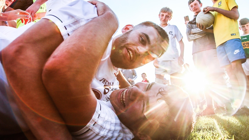 Dj Earley and Stephen Comerford of Kildare celebrate at the final whistle