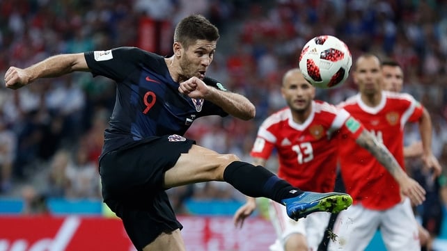Croatia's forward Andrej Kramaric attempts an ambitious volley that doesn't come off