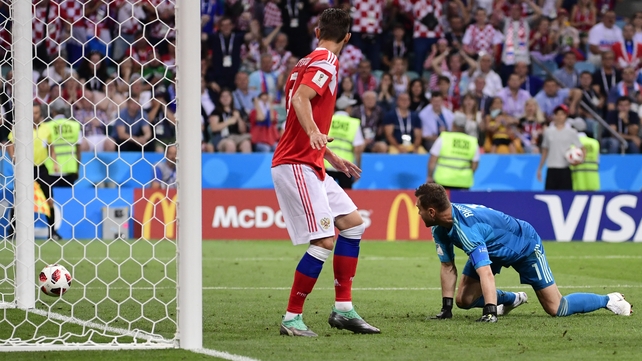 Russia's goalkeeper Igor Akinfeev and defender Ilja Kutepov look on as the ball hits the post and rolls out