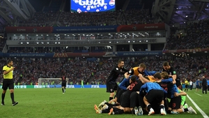 Croatia's players celebrate their second goal during extra time