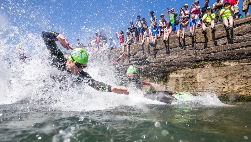 Con Doherty starts his swim in Wicklow harbour