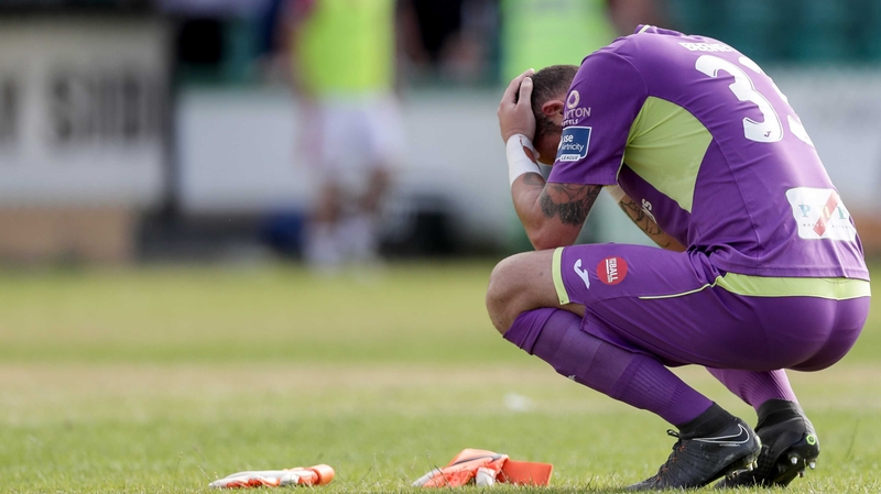 Sligo Rovers keeper Mitchell Beeney hangs his head after the loss in Wicklow
