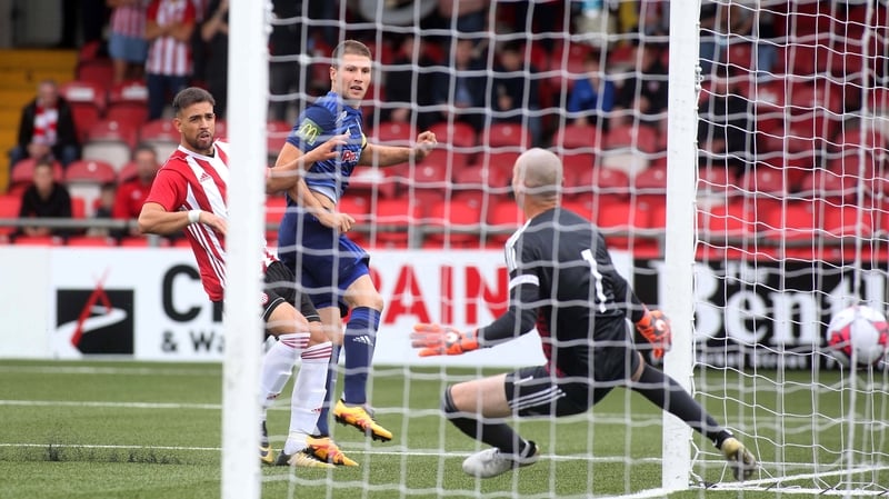 Dinamo Minsk's Nino Galovic scores the opening goal at the Bradywell