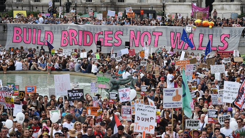 Thousands of anti-Trump protesters gather for a rally at Trafalgar Square in London