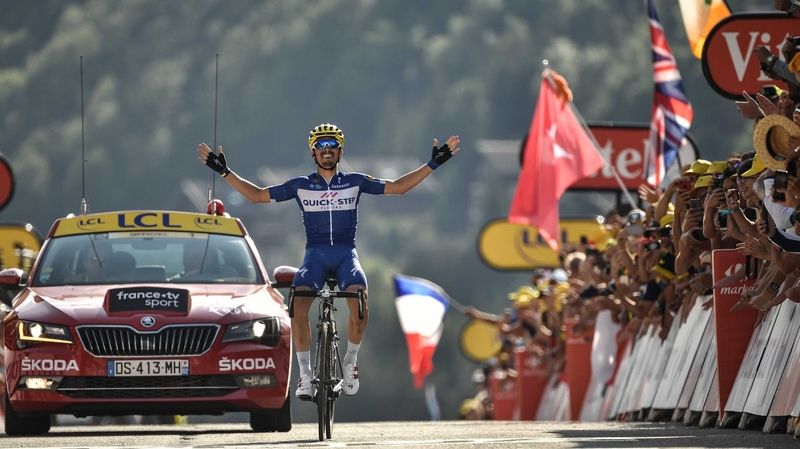 Julian Alaphilippe crosses the line to take stage victory