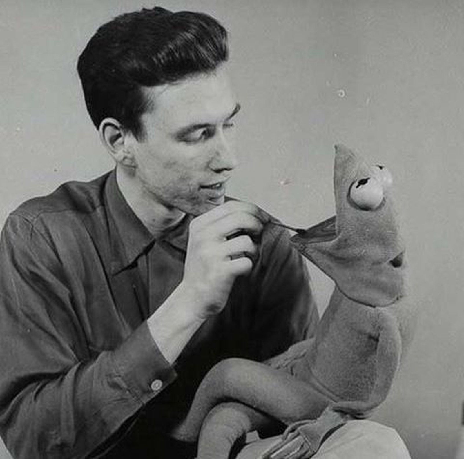 A young Jim Henson with a young Kermit The Frog.