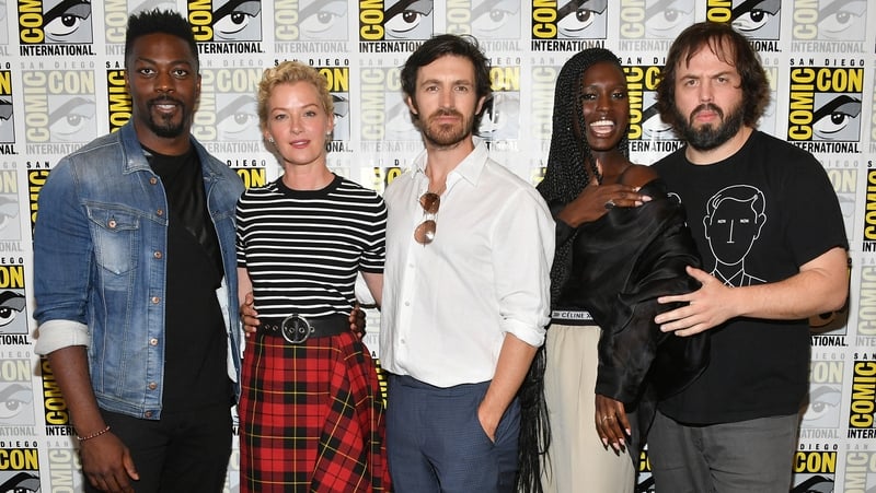 (L-R) David Ajala, Gretchen Mol, Eoin Macken, Jodie Turner-Smith and Angus Sampson promoting Nightflyers at Comic-Con International in San Diego on Thursday