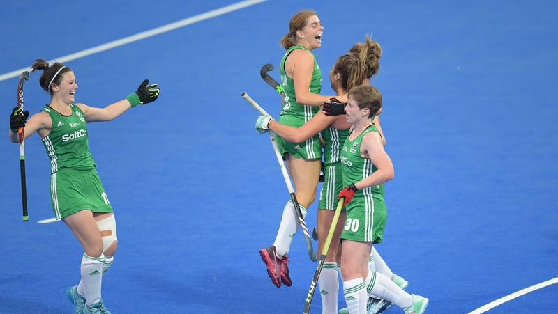 Deirdre Duke celebrates her second goal with her Ireland team-mates