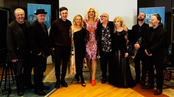 Panti Bliss with her parlour guests (L to R) – Tom Jamieson (drums), Ed Deane (guitar), Lewis Kenny, Katherine Lynch, Panti Bliss, Trevor Knight & Honor Heffernan, Bill Blackmore (trumpet) and Garvan Gallagher (bass)