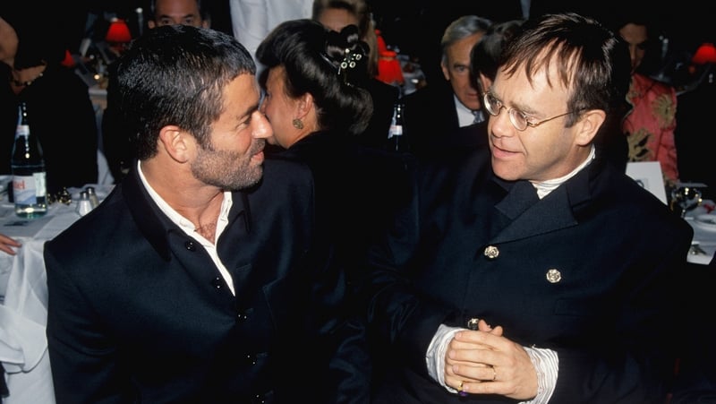 George Michael and Elton John at the Party Against AIDS at the Moulin Rouge cabaret on October 11, 1994 in Paris