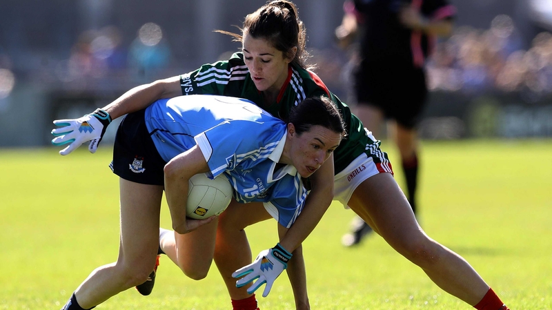 Dublin's Sinead Aherne tackled by Orla Conlon of Mayo during the Division 1 league final