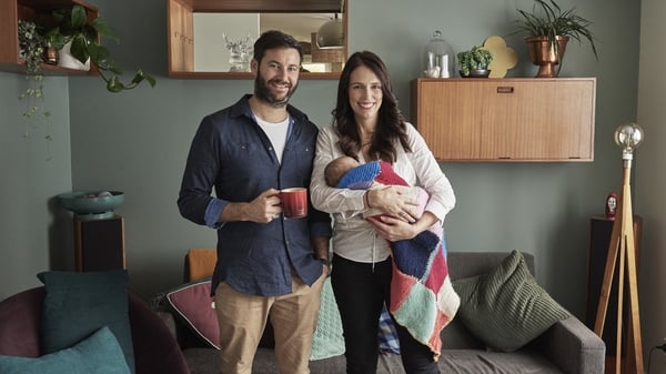 Jacinda Ardern and partner Clarke Gayford pose with their baby daughter Neve