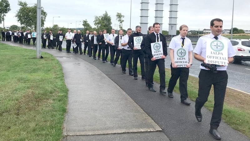 Ryanair pilots outside the company headquarters at Swords in Dublin today
