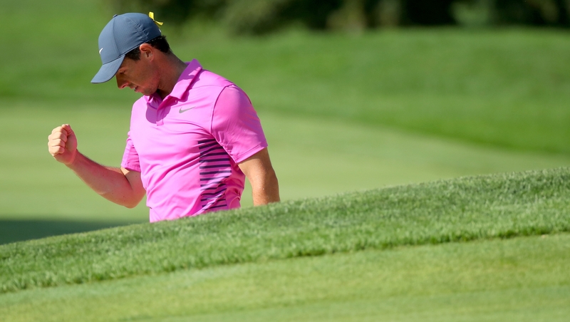 Rory McIlroy reacts after making birdie on the 17th hole