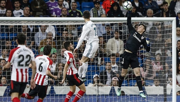 Kepa Arrizabalaga in action for Athletic Bilbao, saving a Ronaldo header