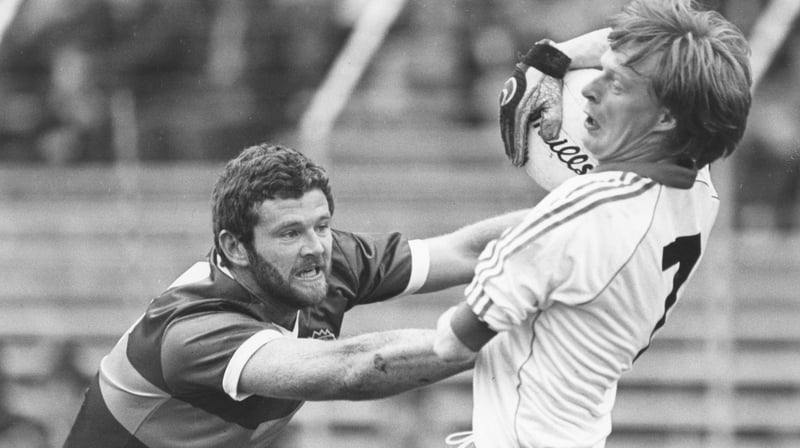 Eoin 'The Bomber' Liston of Kerry tackles Declan Flanagan of Monaghan in the 1985 All-Ireland semi-final