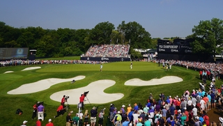 Great crowds around the 18th green at Bellerive Country Club