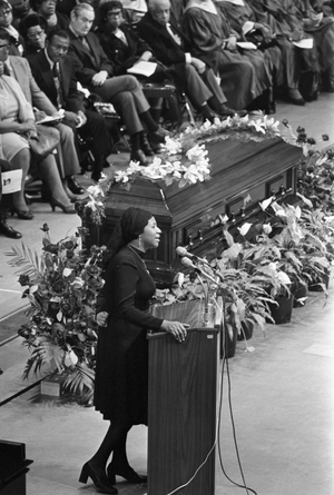 Aretha Franklin sings during the memorial service for gospel singer Mahalia Jackson at McCormick Place. As she sang 'Precious Lord,' mourners broke into tears and some fainted. About 5,000 persons attended the service.