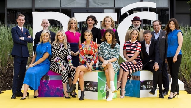 (Back from left) Ryan Tubridy, Ray D'Arcy, Caitríona Perry,
Keelin Shanley, Claire Byrne, Tommy Tiernan, Marty Morrissey, Joanne Cantwell (Front from left) Anna Geary, Laura Whitmore, Amy Huberman, Doireann Garrahy, Kathryn Thomas and Brendan O'Connor