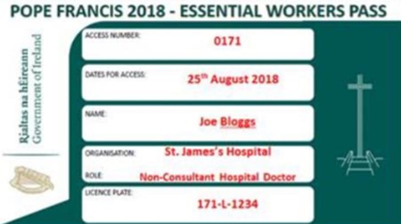 The pass is being issued by the Government to any 'Essential Workers' during the pope's visit