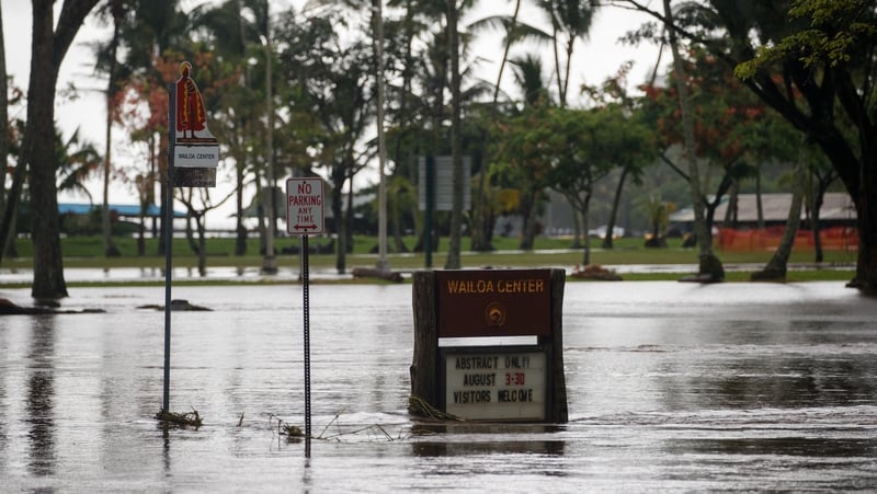 A view of a flooded street in Hilo, Hawaii
