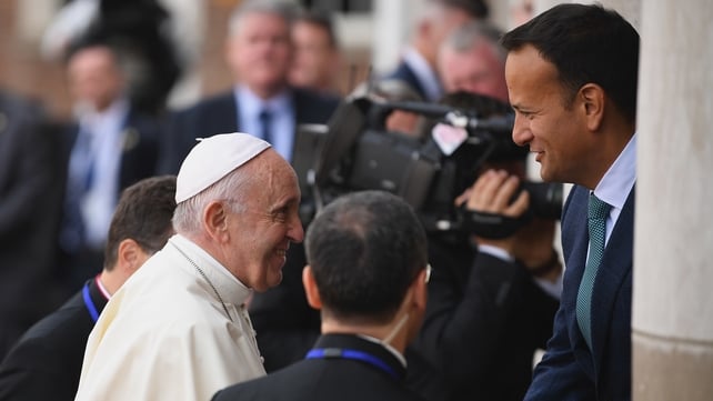 Taoiseach Leo Varadkar welcomes Pope Francis at Dublin Castle