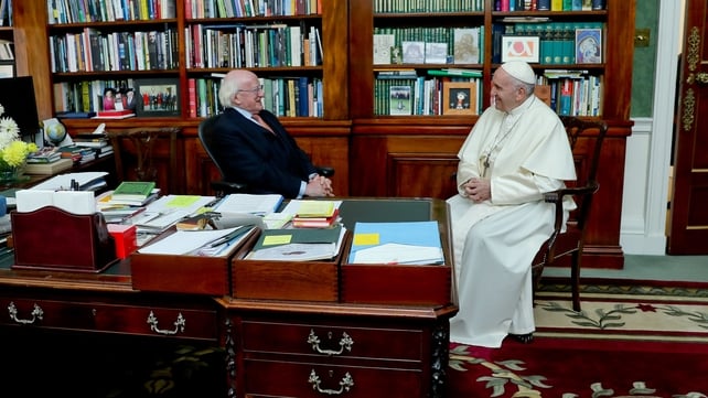 The Pope and President Higgins held a meeting in the President's study in Áras an Uachtaráin