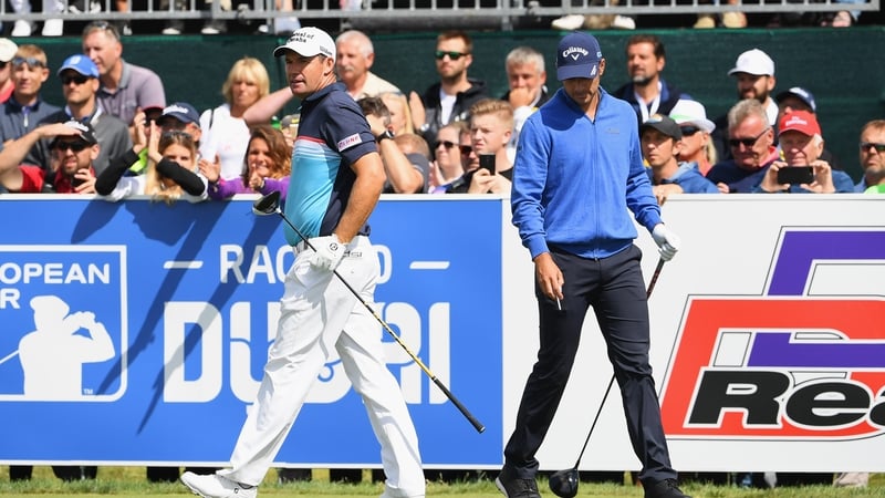 Andrea Pavan (r) won a duel with Padraig Harrington