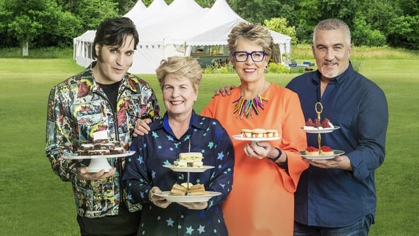 Noel fielding, Sandi Toksvig and Judges Paul Hollywood, Prue Leith