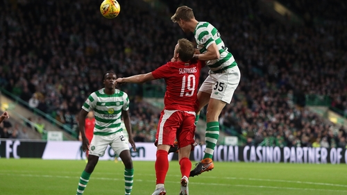 Kristoffer Ajer of Celtic scores their third goal