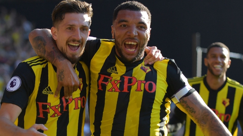 Craig Cathcart (L) ad Troy Deeney celebrate Watford's winner