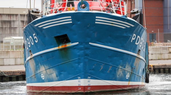 A view of the bow of Honeybourne III, a Scottish scallop dredger, following clashes with French fishermen