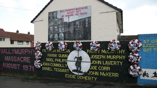 A mural on a wall in west Belfast with the names of those killed in Ballymurphy