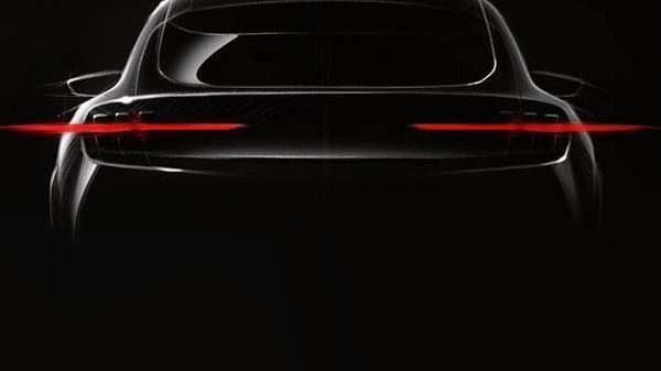A teaser image of Ford's first fully electric car, which is based on the Mustang.