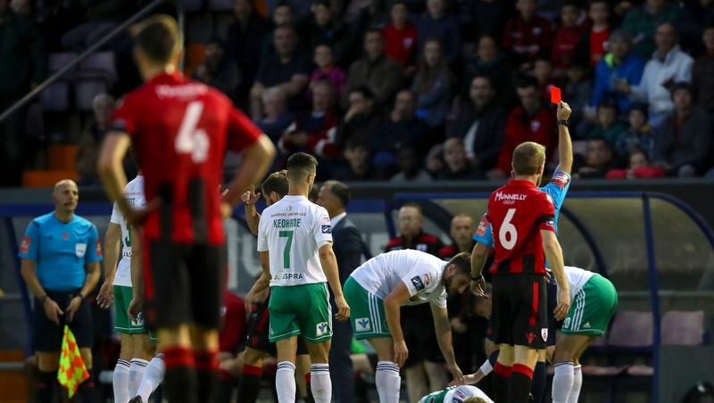 Longford Town's Darren Meenan receiving a red card