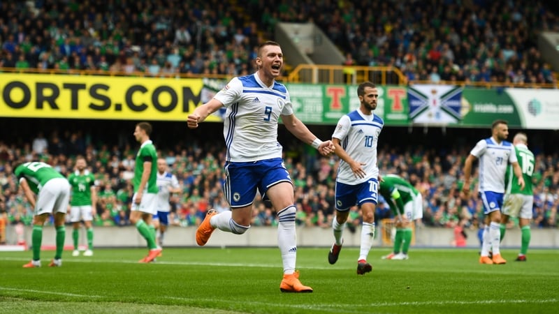 Haris Duljevi celebrates Bosnia and Herzegovina's opening goal at Windsor Park