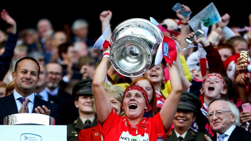 Cork's captain Aoife Murray lifts the O'Duffy Cup