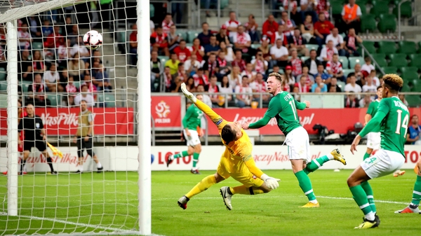 Aiden O'Brien heads home, marking his debut with a goal in Wroclaw